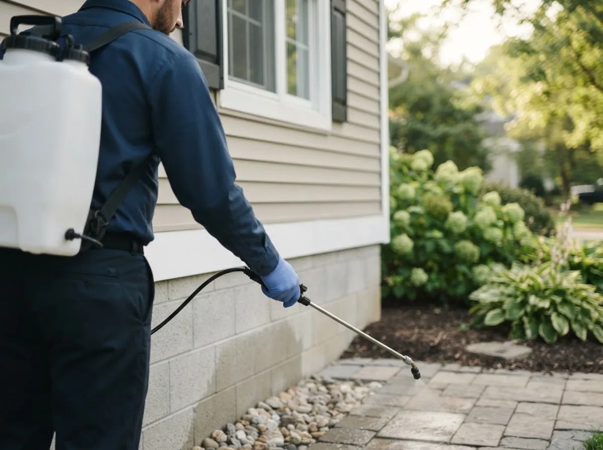 Pest control technician inspecting a home in Albion, ME